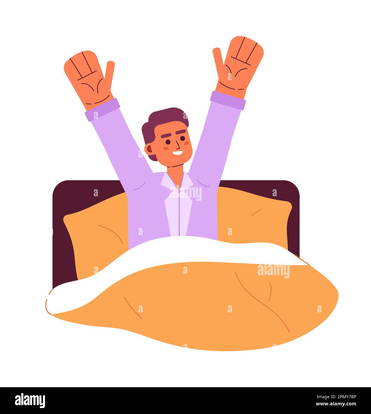 Happy man waking up in bed semi flat colorful vector character Stock Vector