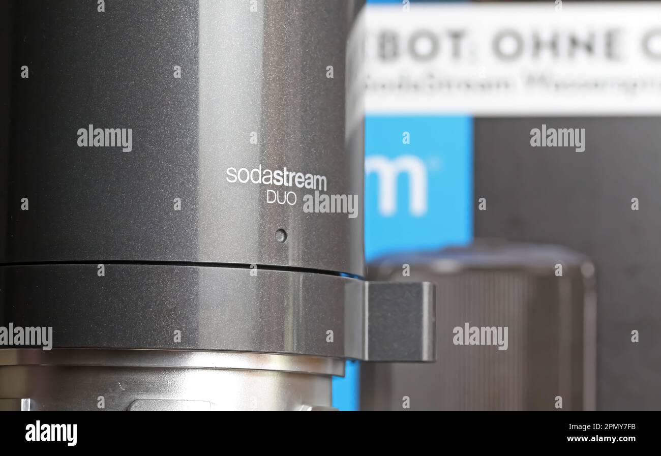 Viersen, Germany - March 9. 2023: Closeup of Sodastream Duo sparkling water maker machine Stock Photo