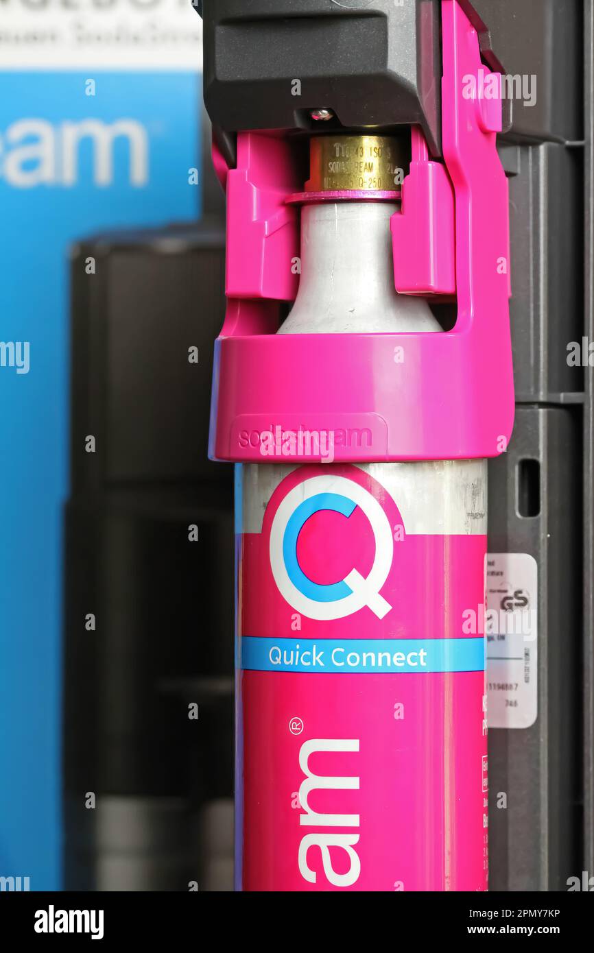 Viersen, Germany - March 9. 2023: Closeup of Sodastream sparkling water maker machine with new quick connect CO2 cylinder Stock Photo