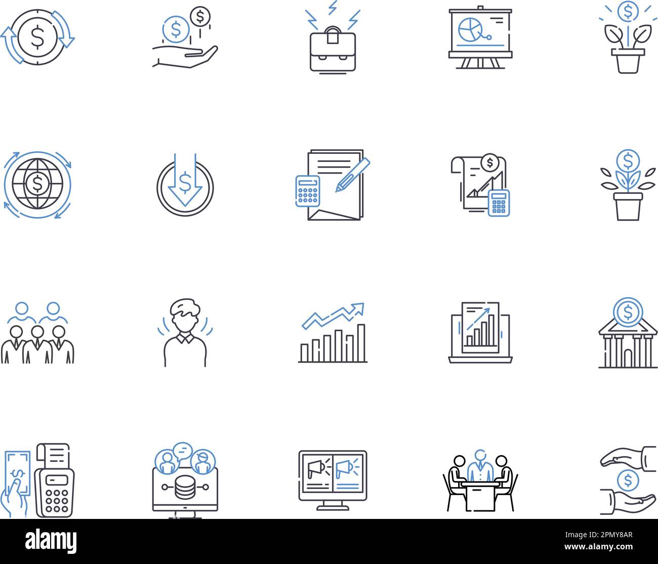 Accounting outline icons collection. Accounting, Bookkeeping, Reconciliation, Budgeting, Auditing, Taxes, CPA vector and illustration concept set Stock Vector