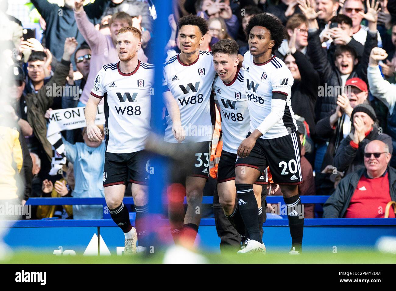 Harry Wilson #8 of Fulham celebrates his goal with team-mates during the Premier League match between Everton and Fulham at Goodison Park, Liverpool on Saturday 15th April 2023. (Photo: Mike Morese | MI News) Credit: MI News & Sport /Alamy Live News Stock Photo