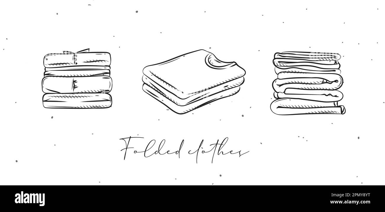Clothes Set Drawing Folded clothes in different angles drawing in graphic style on white ...