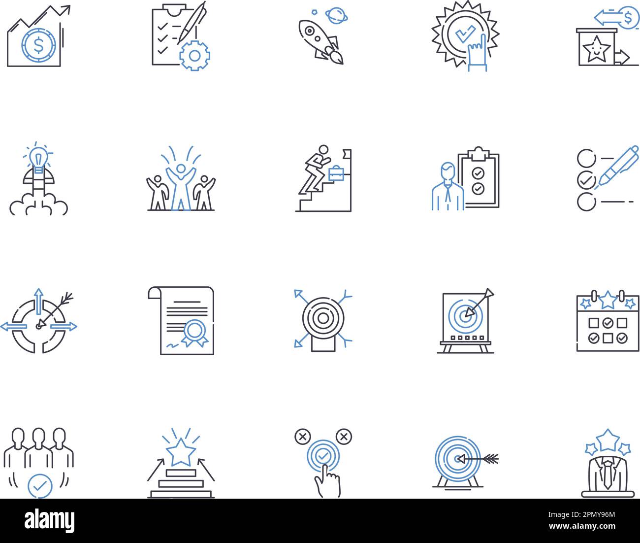 Goals outline icons collection. Aims, Objectives, Targets, Ambitions, Aspirations, Hopes, Intents vector and illustration concept set. Outcomes Stock Vector