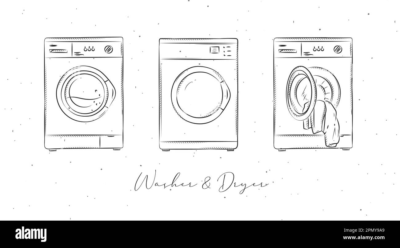 Washing machine and dryer for clean clothes drawing in graphic style on