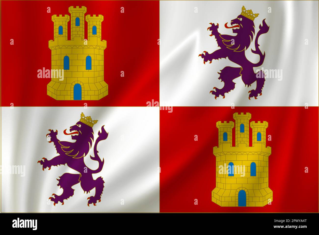 Flag of Castile and Leon waving in the wind on silk background. State Spain Stock Vector