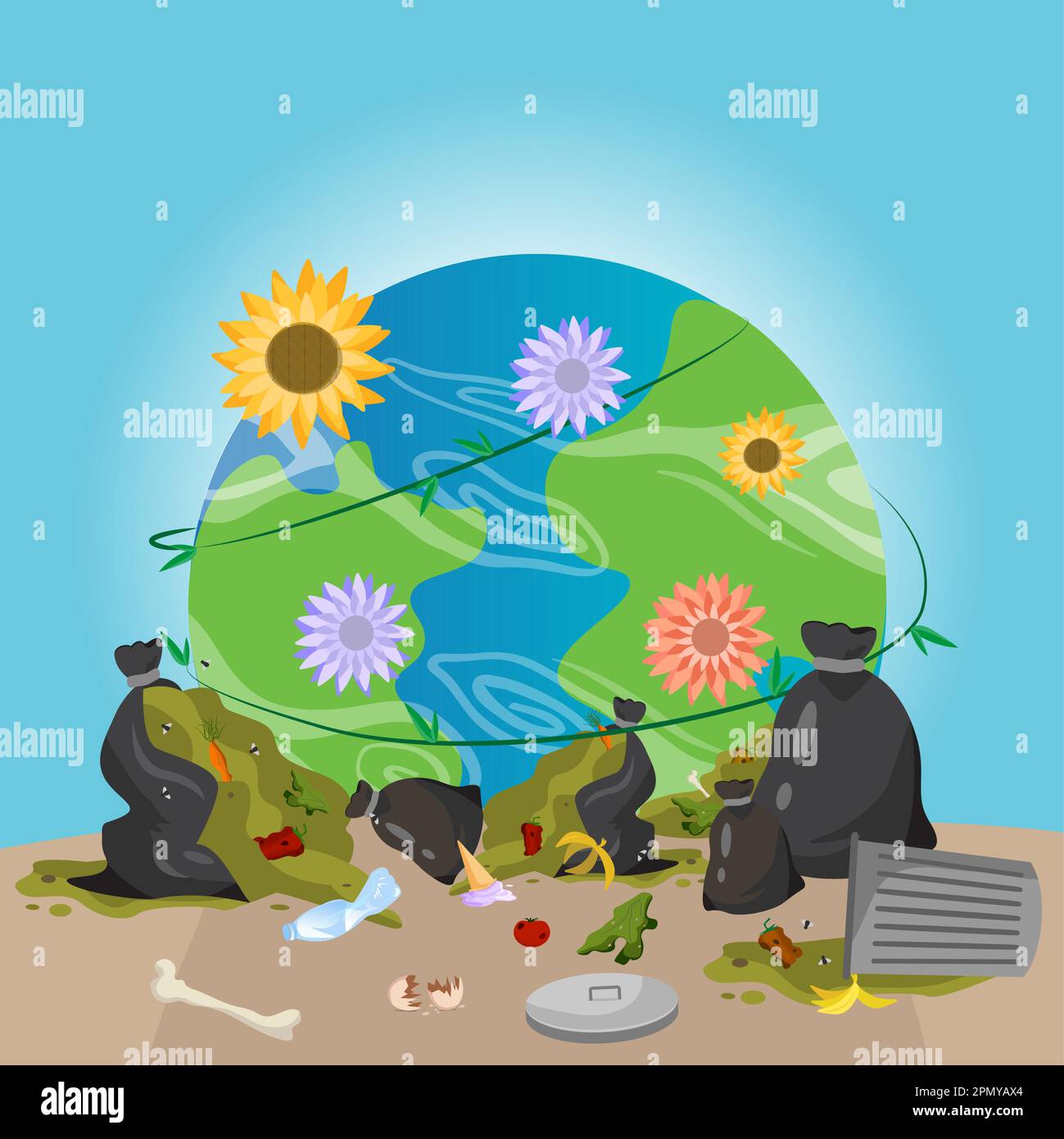 flowers and vines sprout from the polluted galaxy Stock Vector