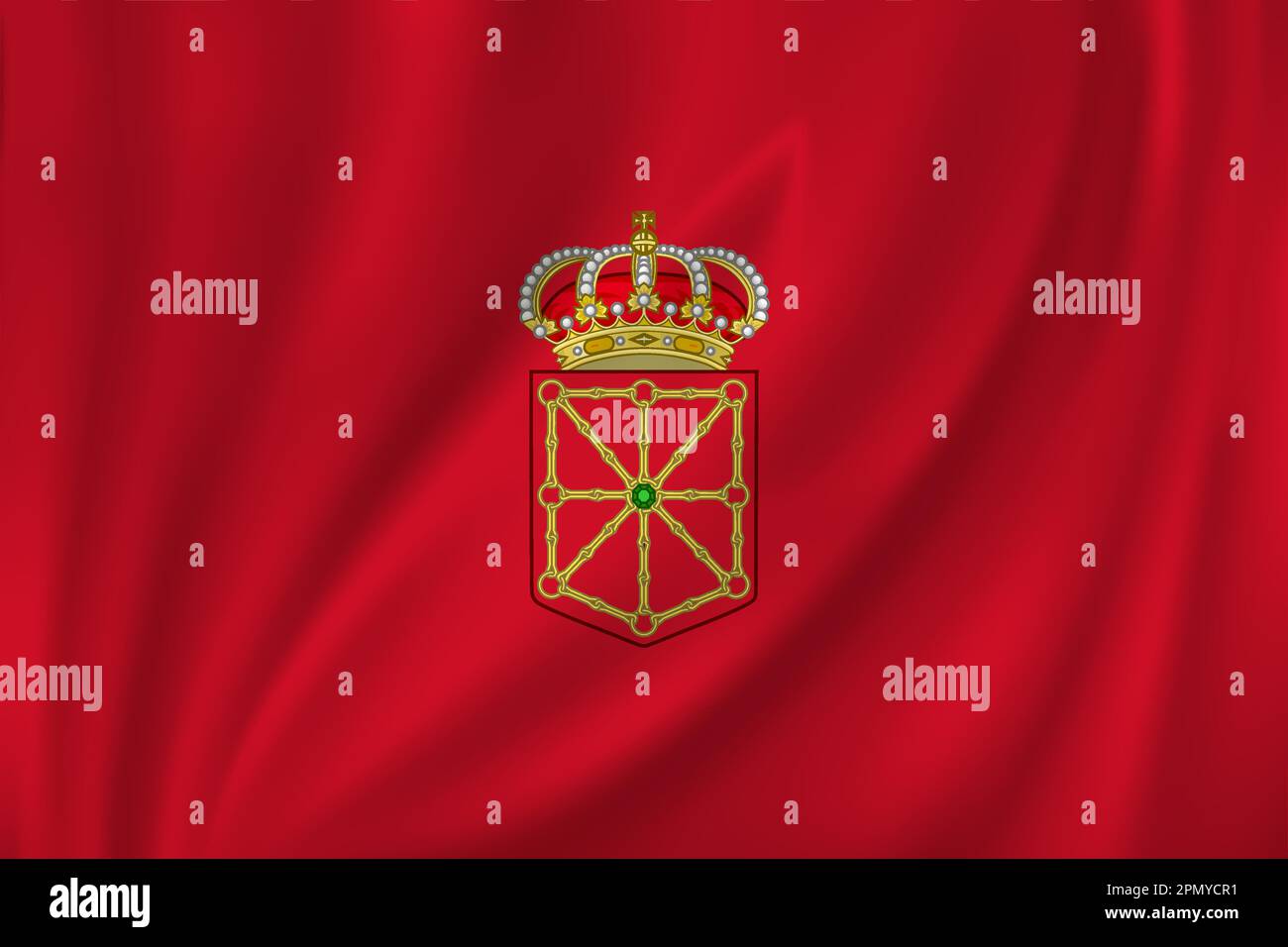 Flag of Navarre waving in the wind on silk background. State Spain