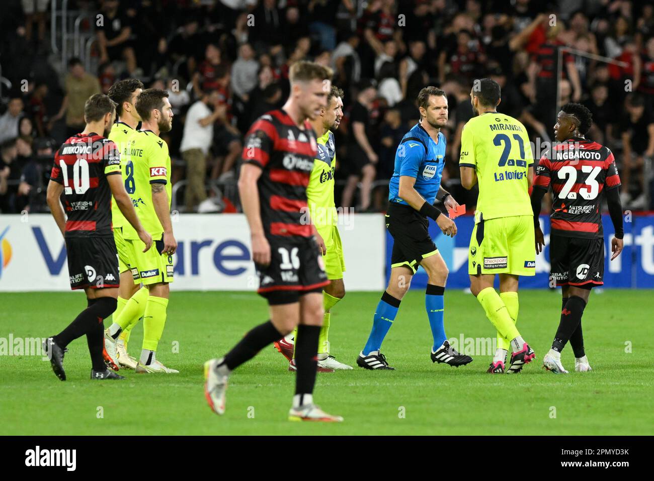 15th April 2023;  CommBank Stadium, Sydney, NSW, Australia: A-League Football, Western Sydney Wanderers versus Melbourne Victory; referee gives Roderick Miranda of Melbourne Victory a red card Credit: Action Plus Sports Images/Alamy Live News Stock Photo