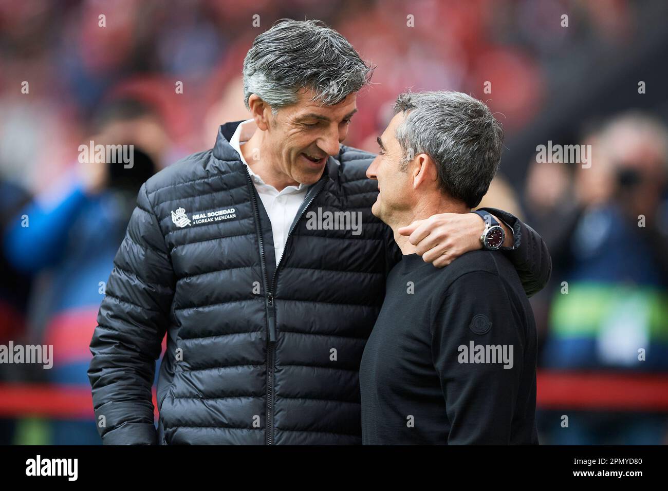 Athletic Club head coach Ernesto Valverde and Real Sociedad head coach Imanol Alguacil during the La Liga match between Athletic Club and Real Sociedad played at San Mames Stadium on April 15 2023 in Bilbao, Spain. (Photo by Cesar Ortiz / PRESSIN) Credit: PRESSINPHOTO SPORTS AGENCY/Alamy Live News Stock Photo