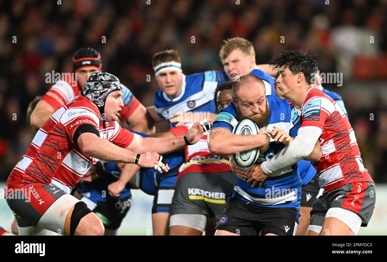 Kingsholm Stadium, Gloucester, Gloucestershire, UK. 14th Apr, 2023. Gallagher Premiership Rugby, Gloucester versus Bath; Louis Rees-Zammit and Ben Morgan of Gloucester tackle Tom Dunn of Bath Credit: Action Plus Sports/Alamy Live News Stock Photo