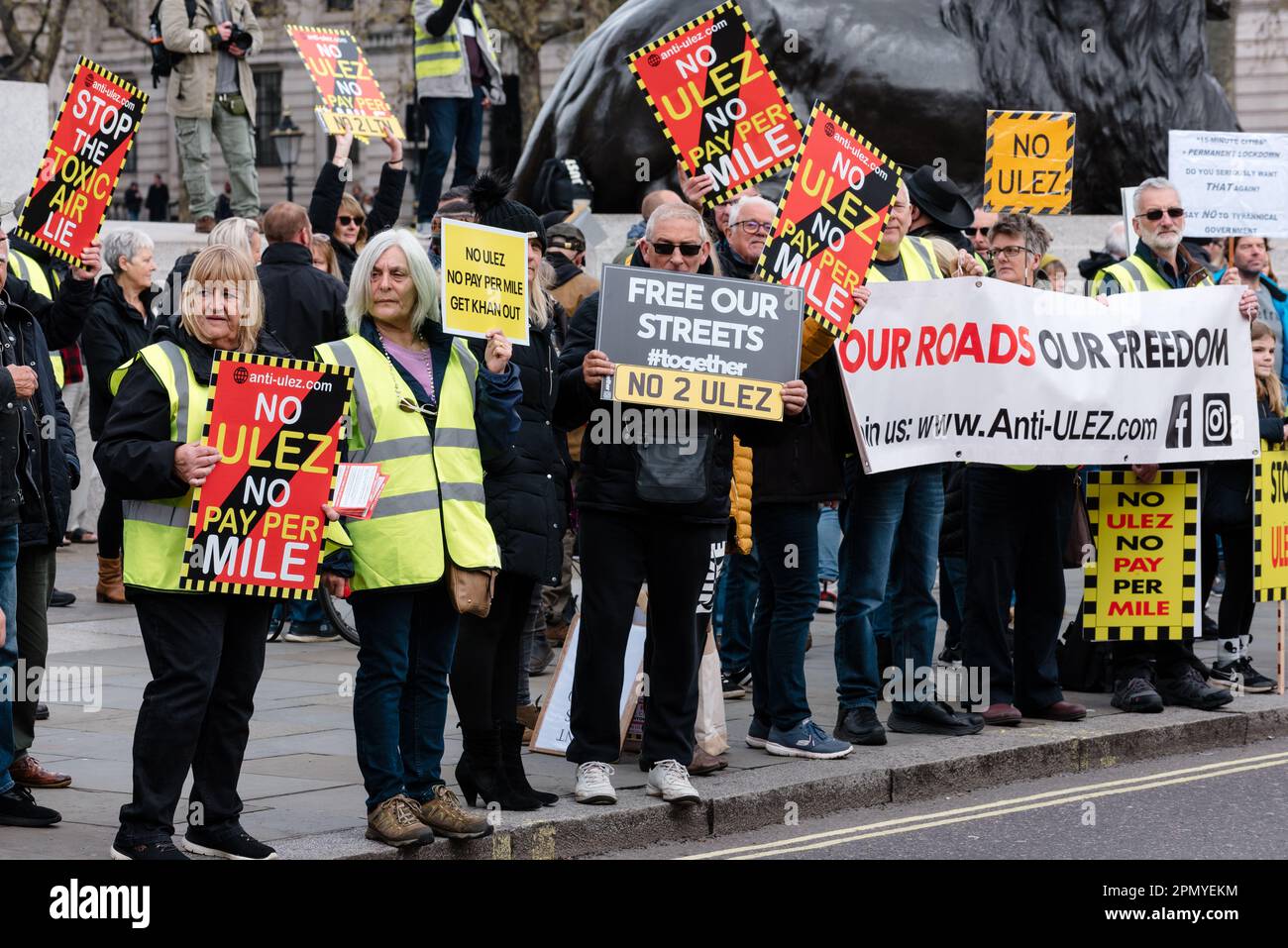 London, UK. 15 April 2023. Anti-ULEZ protesters gather in Trafalgar ...
