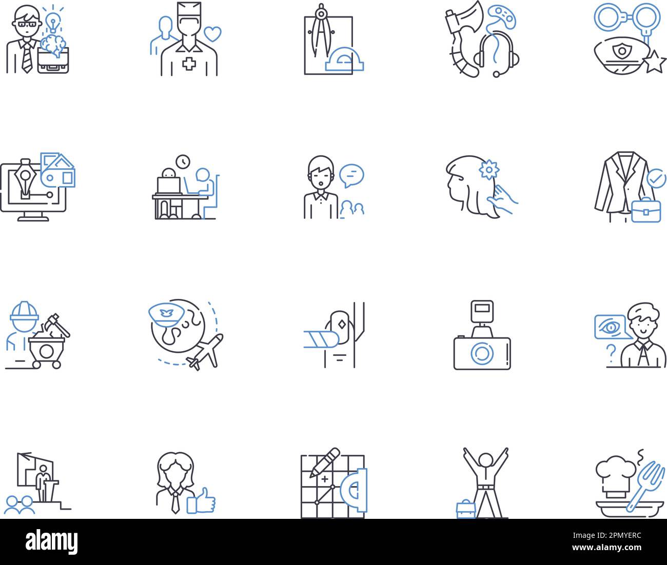 Professions outline icons collection. Doctor, Lawyer, Teacher, Engineer