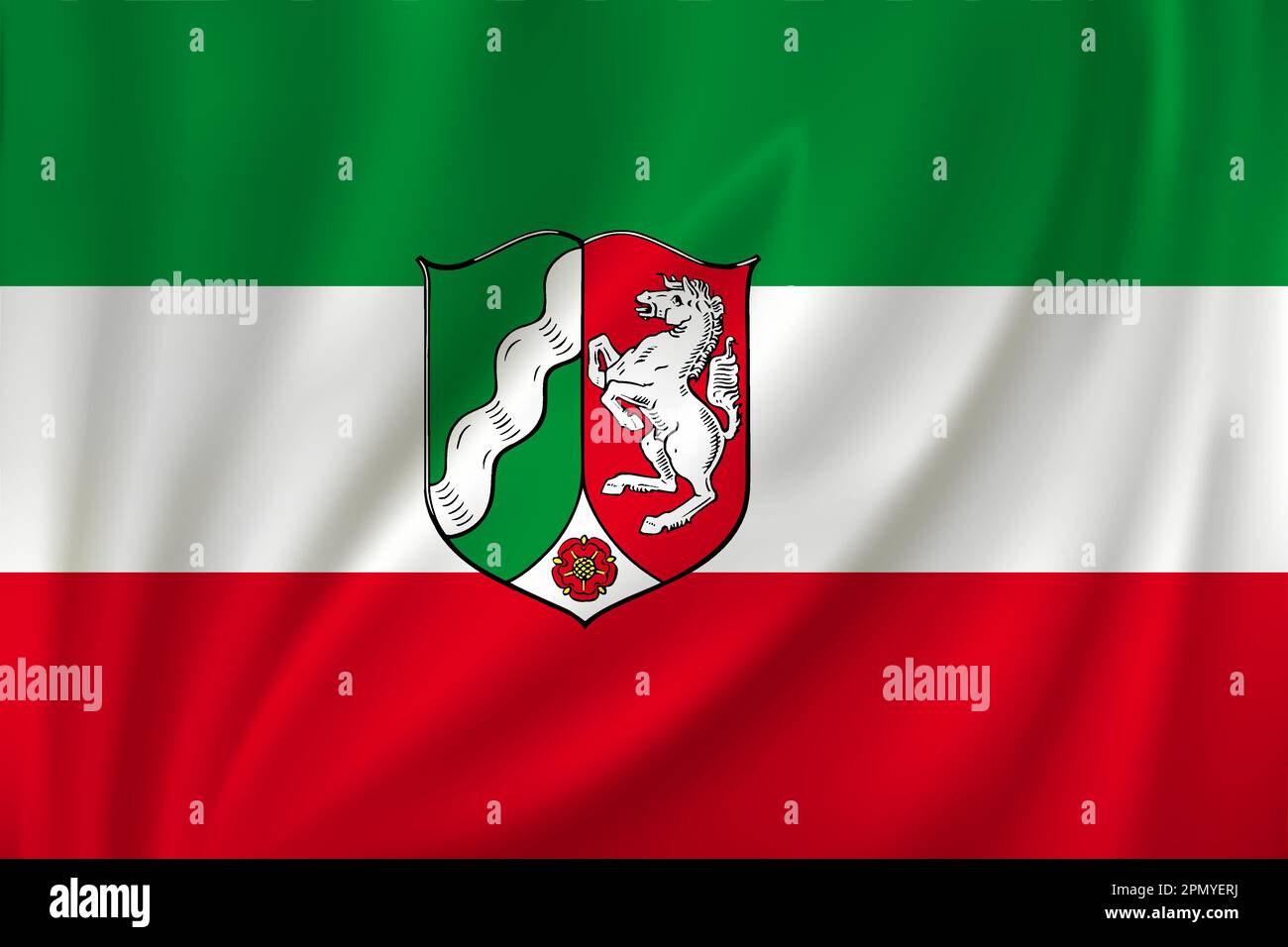 Flag of North Rhine-Westphalia waving in the wind on silk background ...