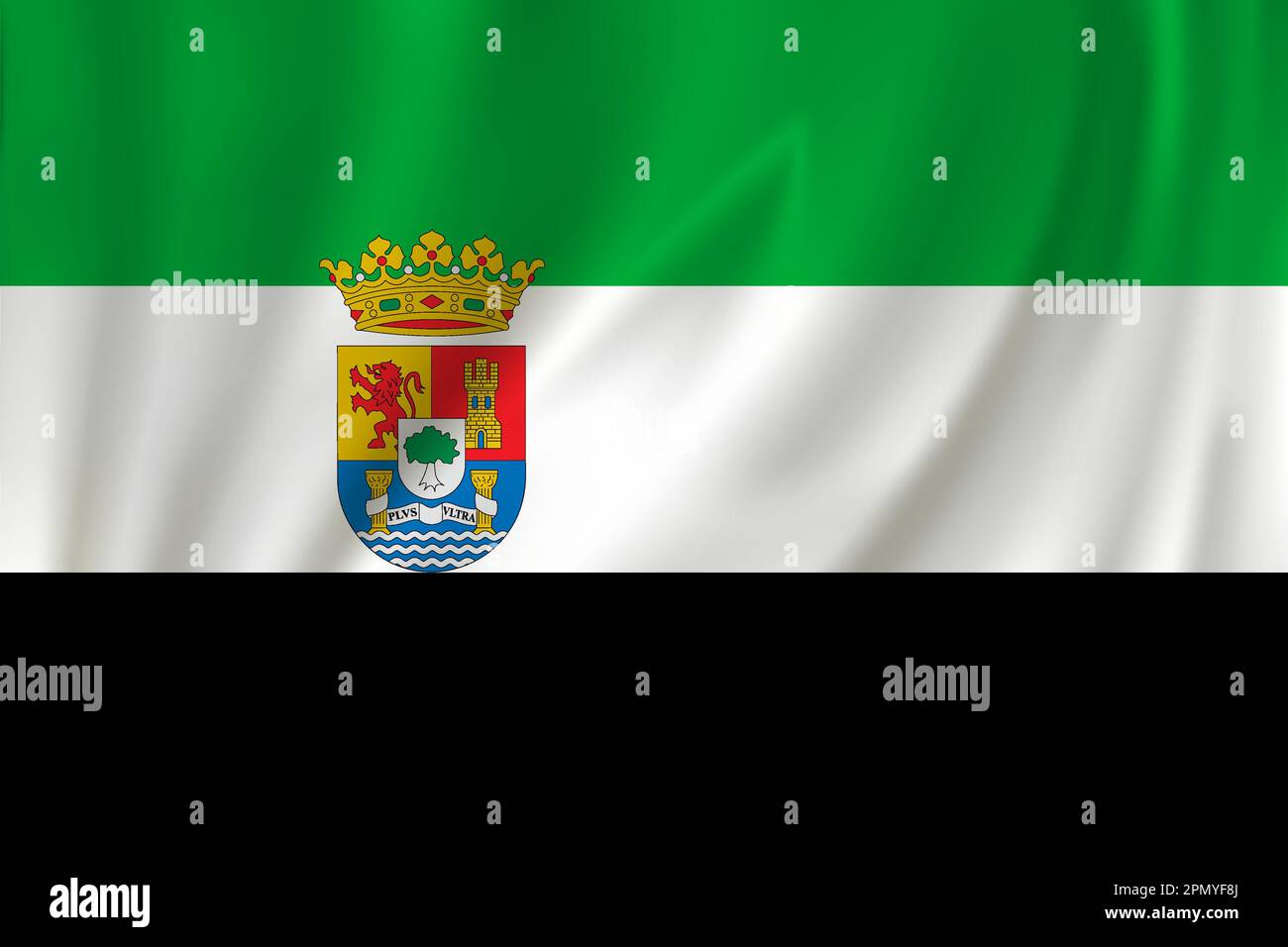 Flag of Extremadura waving in the wind on silk background. State Spain ...