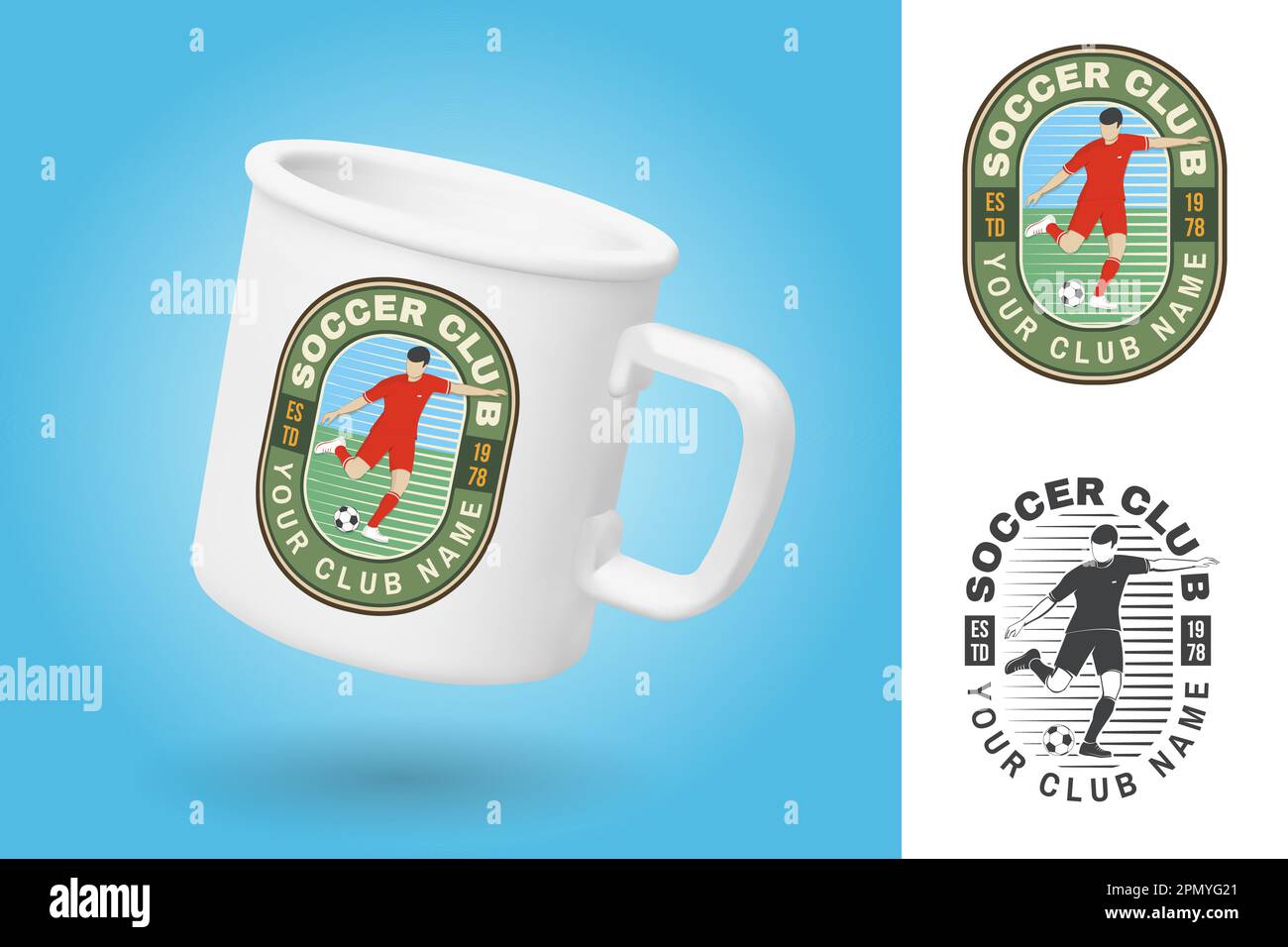 White camping cup. Realistic mug mockup template with sample design