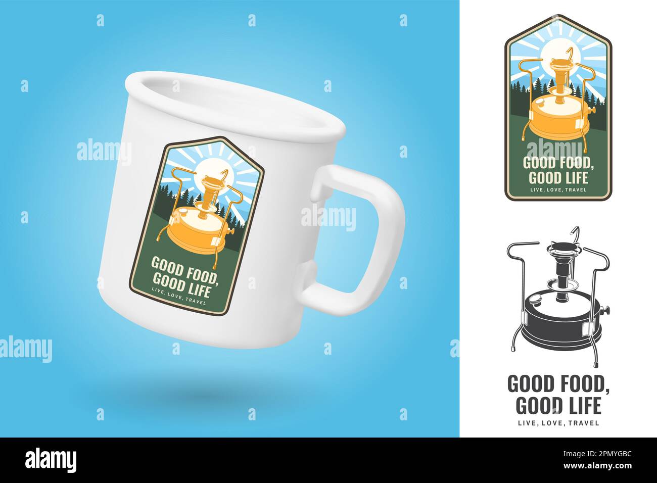 White camping cup. Realistic mug mockup template with sample design. Good food good life patch or sticker. Live, love, travel. Vector illustration Stock Vector