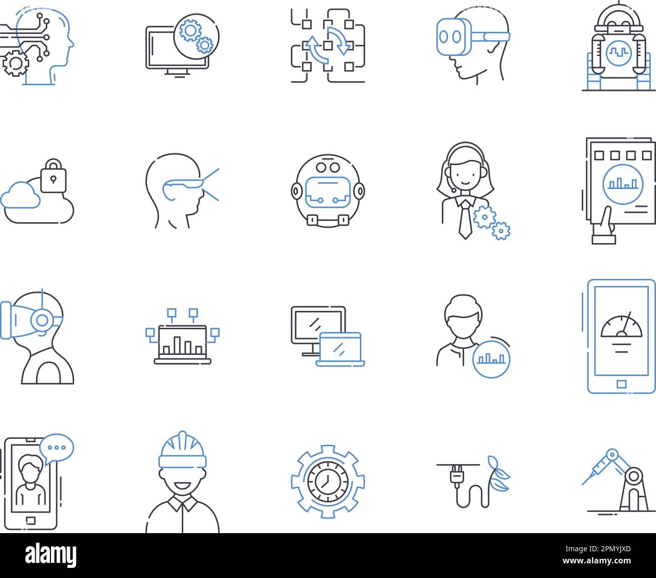 Smart office technology outline icons collection. Smart, Office, Technology, Automation, Computing, Networking, AI vector and illustration concept set Stock Vector