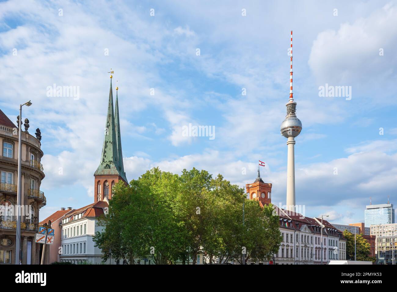 Berlin Mitte Skyline with TV Tower (Fernsehturm) , Berlin City Hall (Rotes Rathaus) and St. Nicholas Church - Berlin, Germany Stock Photo