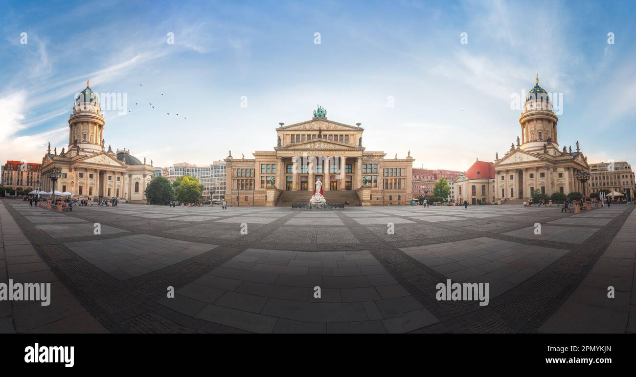 Panoramic View of Gendarmenmarkt Square with French and German Cathedrals and Berlin Concert Hall - Berlin, Germany Stock Photo