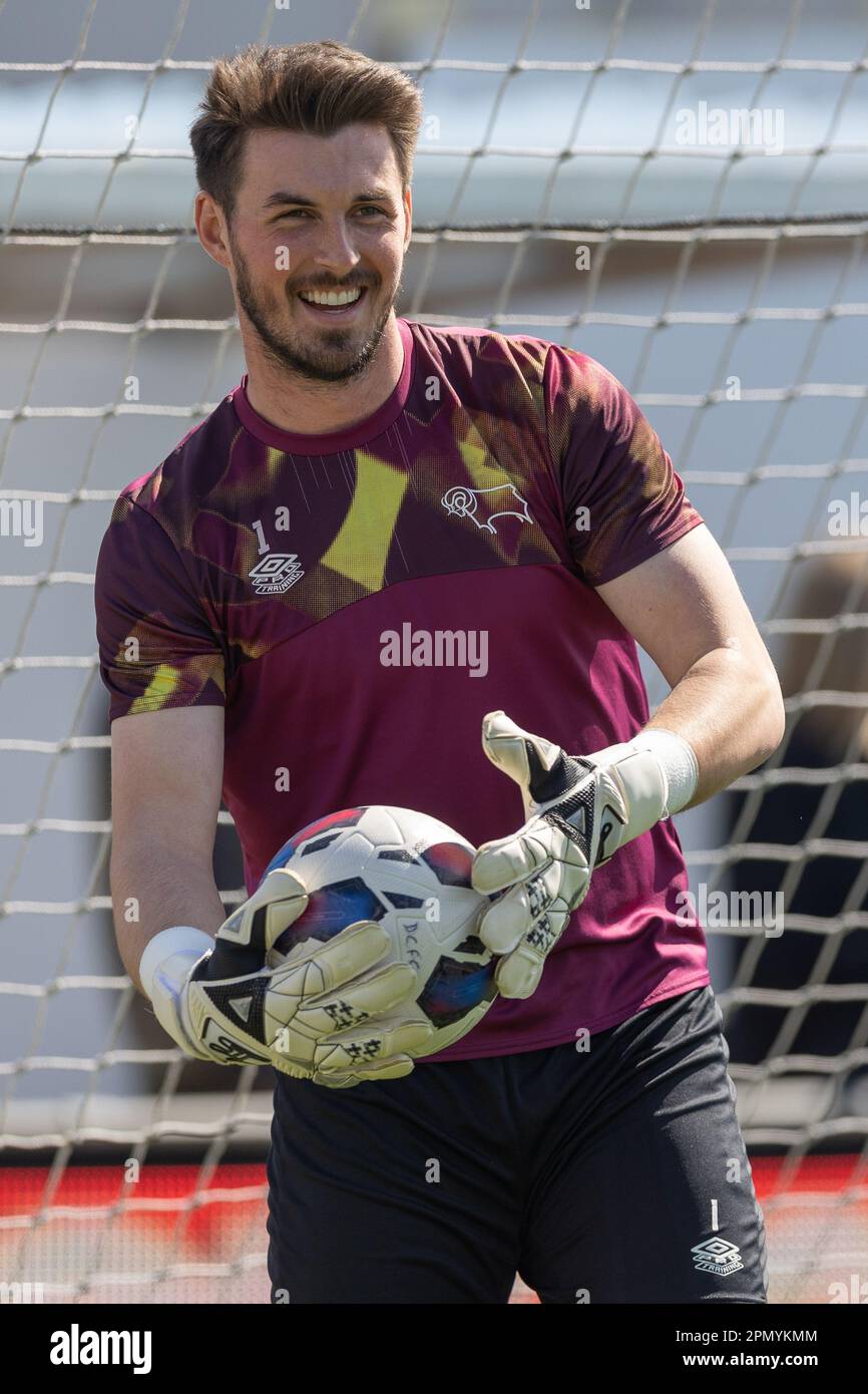 Joe Wildsmith #1 of Derby County warming up during the Sky Bet League 1 match Bristol Rovers vs Derby County at Memorial Stadium, Bristol, United Kingdom, 15th April 2023  (Photo by Craig Anthony/News Images) Stock Photo