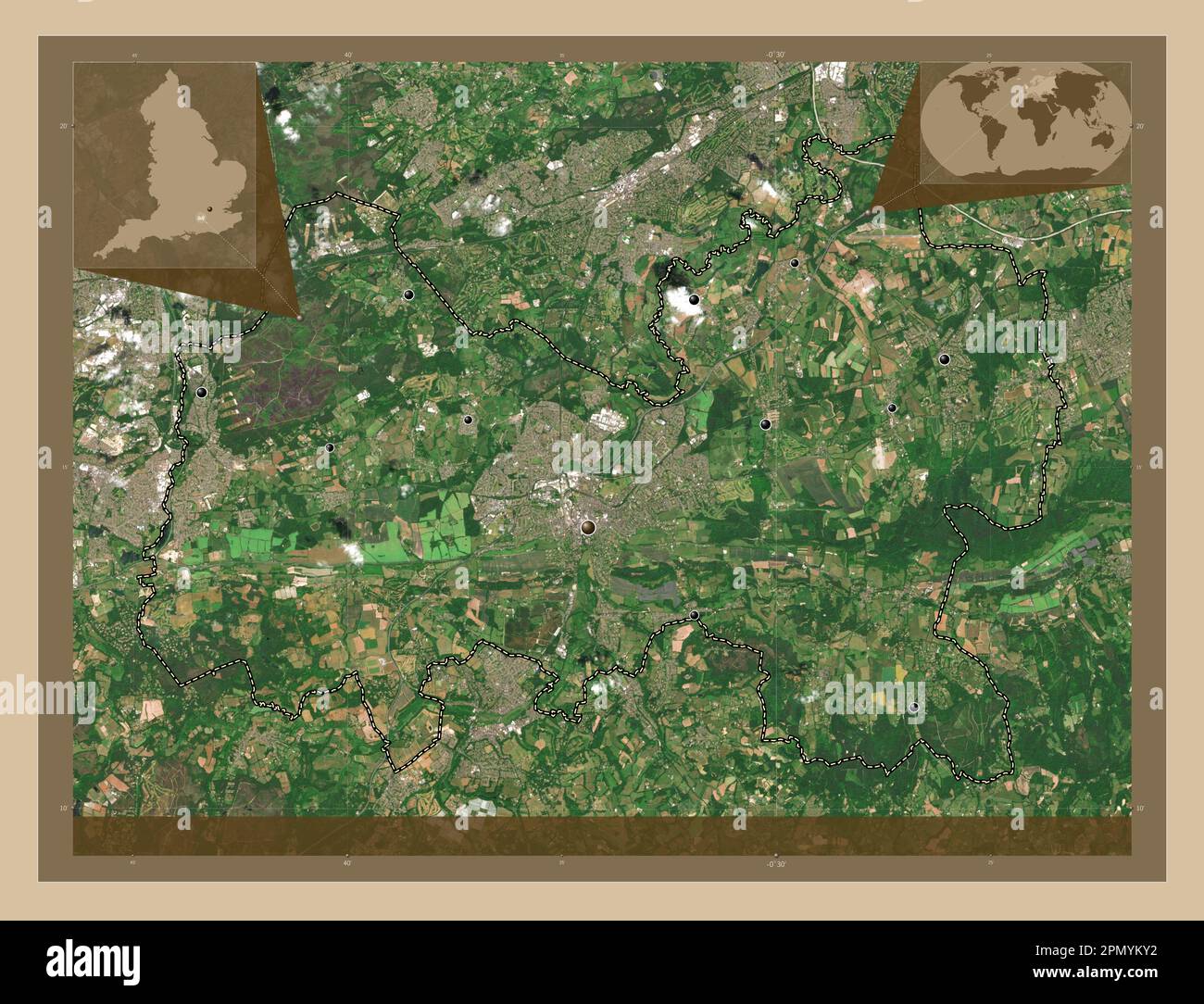 Guildford, non metropolitan district of England - Great Britain. Low resolution satellite map. Locations of major cities of the region. Corner auxilia Stock Photo