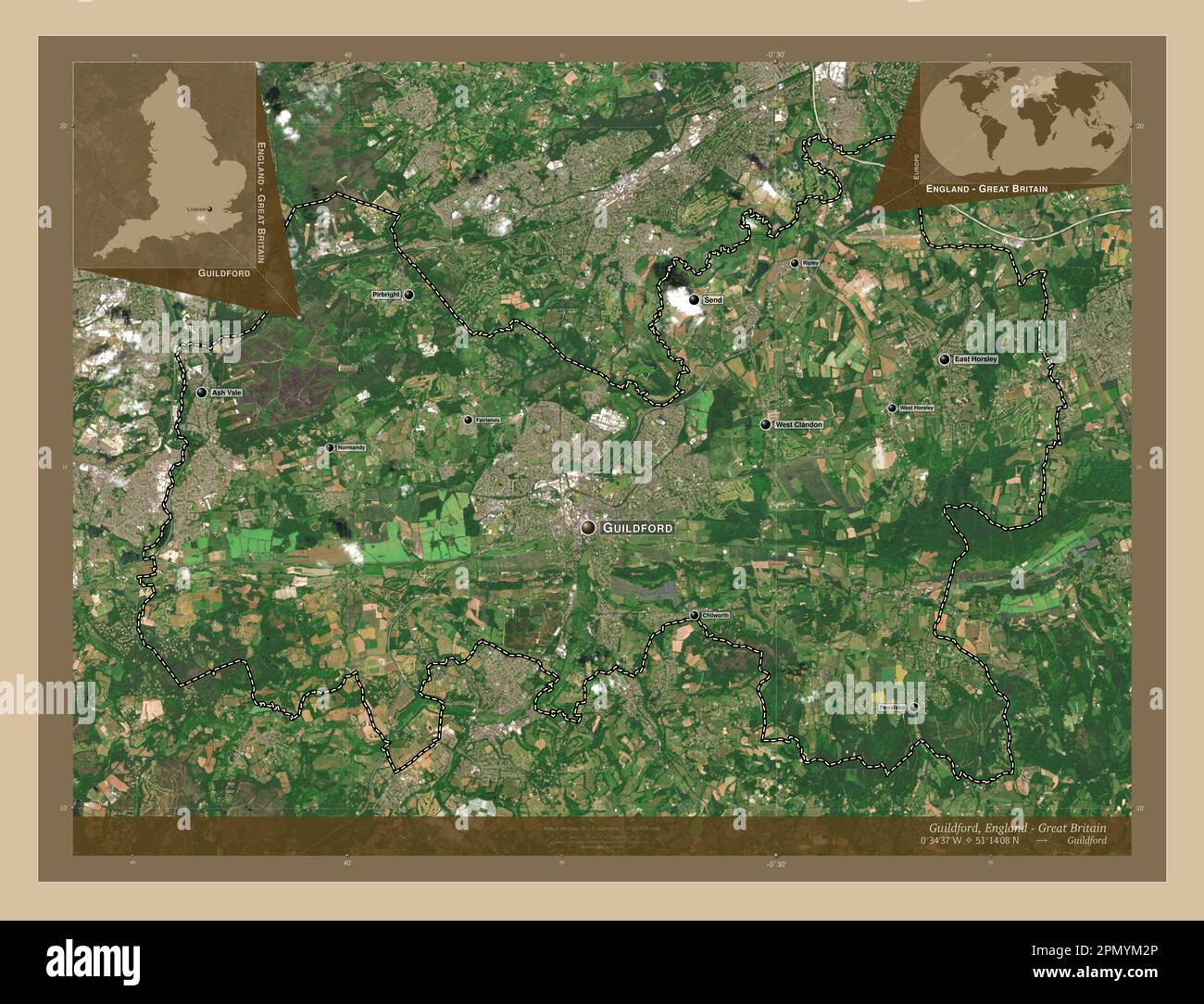 Guildford, non metropolitan district of England - Great Britain. Low resolution satellite map. Locations and names of major cities of the region. Corn Stock Photo