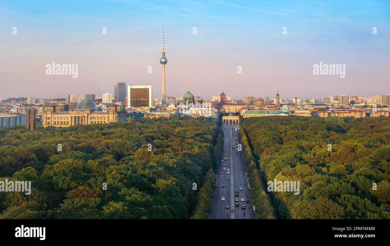 Aerial view of Berlin Skyline with all main landmarks, Tiergarten Park and and German Parliament - Berlin, Germany Stock Photo