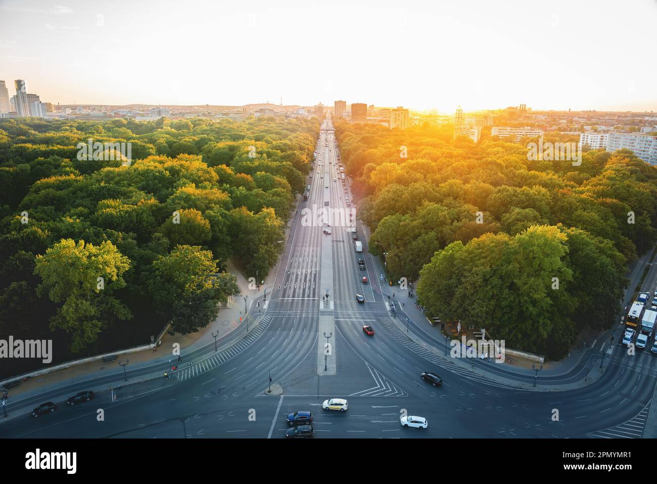 Aerial view of Tiergarten Park and Bundesstrasse 2 highway at sunset - Berlin, Germany Stock Photo