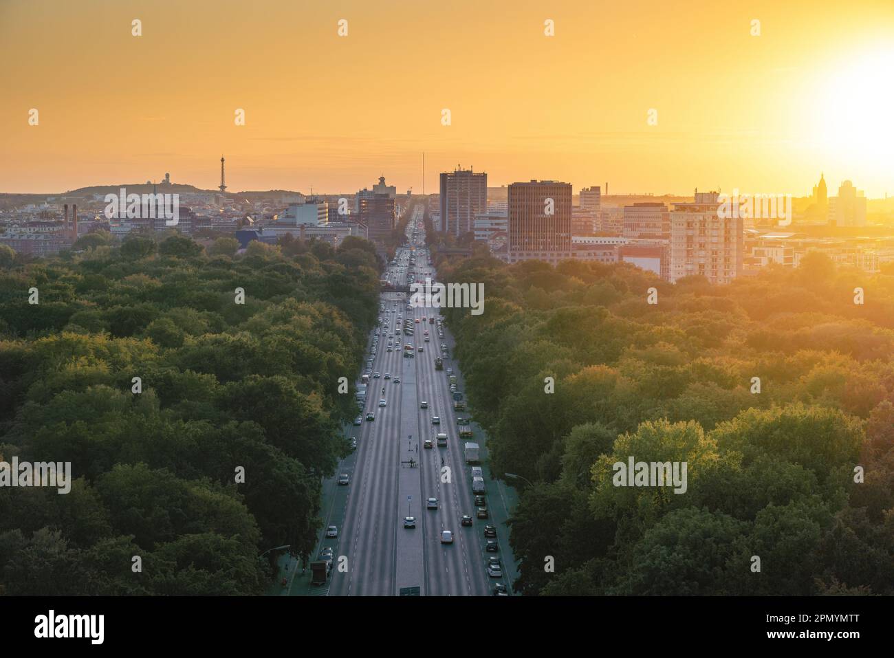 Aerial view of Bundesstrasse 2 highway and Tiergarten Park at sunset - Berlin, Germany Stock Photo