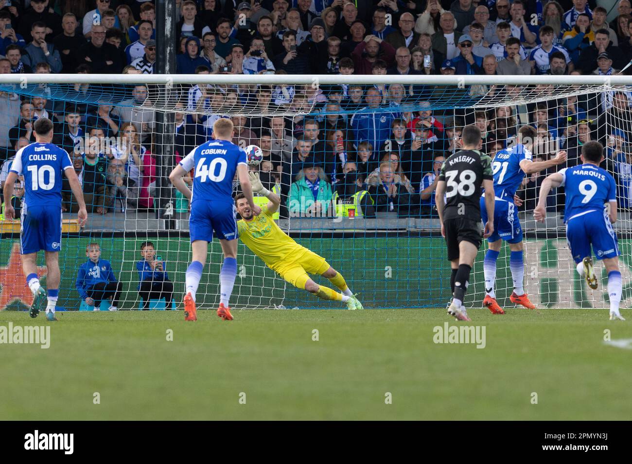 Antony Evans #21 of Bristol Rovers scores an injury time penalty to make the score 1-1 during the Sky Bet League 1 match Bristol Rovers vs Derby County at Memorial Stadium, Bristol, United Kingdom, 15th April 2023  (Photo by Craig Anthony/News Images) Stock Photo