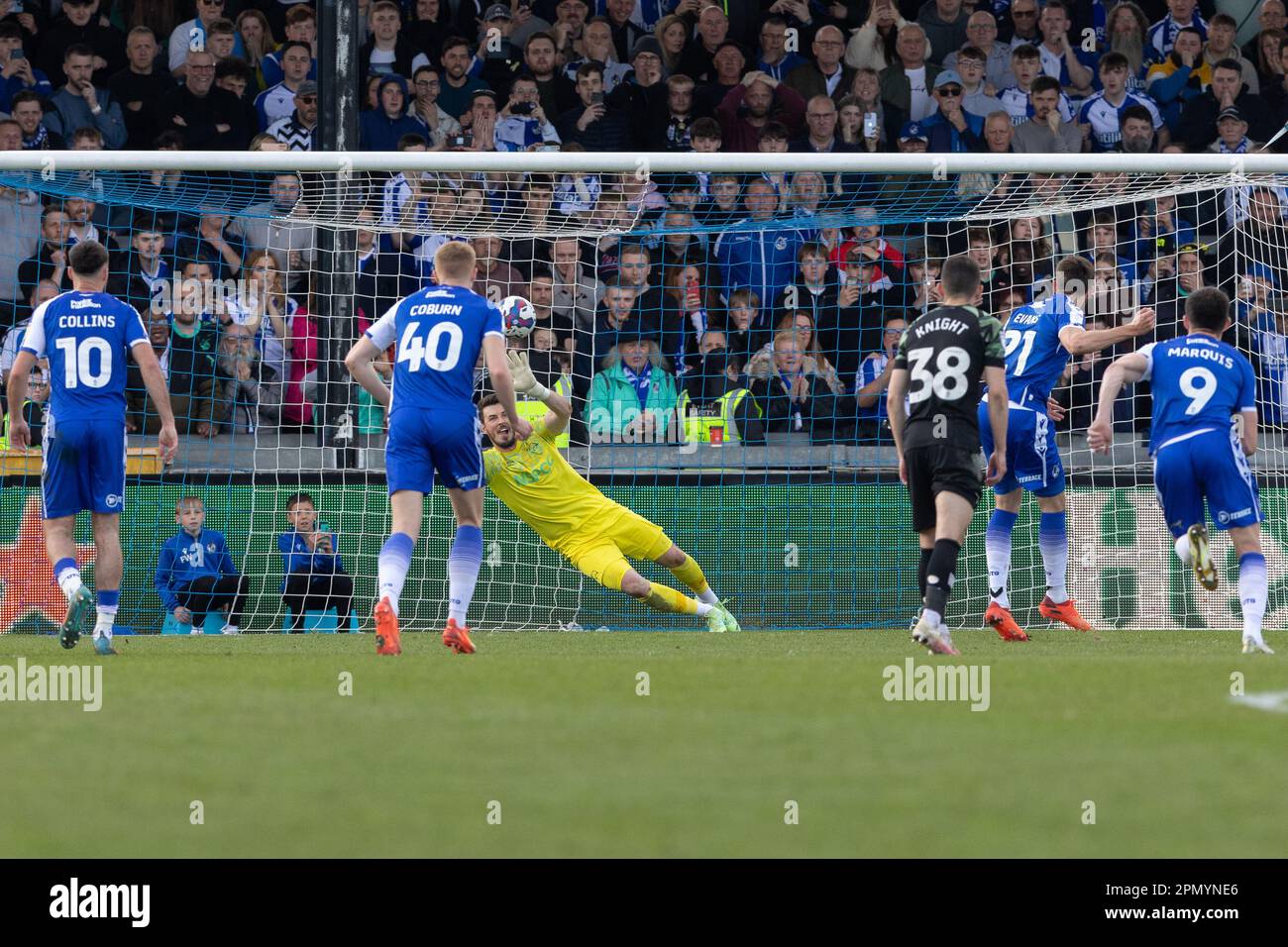 Antony Evans #21 of Bristol Rovers scores an injury time penalty to make the score 1-1 during the Sky Bet League 1 match Bristol Rovers vs Derby County at Memorial Stadium, Bristol, United Kingdom, 15th April 2023 (Photo by Craig Anthony/News Images) in, on 4/15/2023. (Photo by Craig Anthony/News Images/Sipa USA) Credit: Sipa USA/Alamy Live News Stock Photo