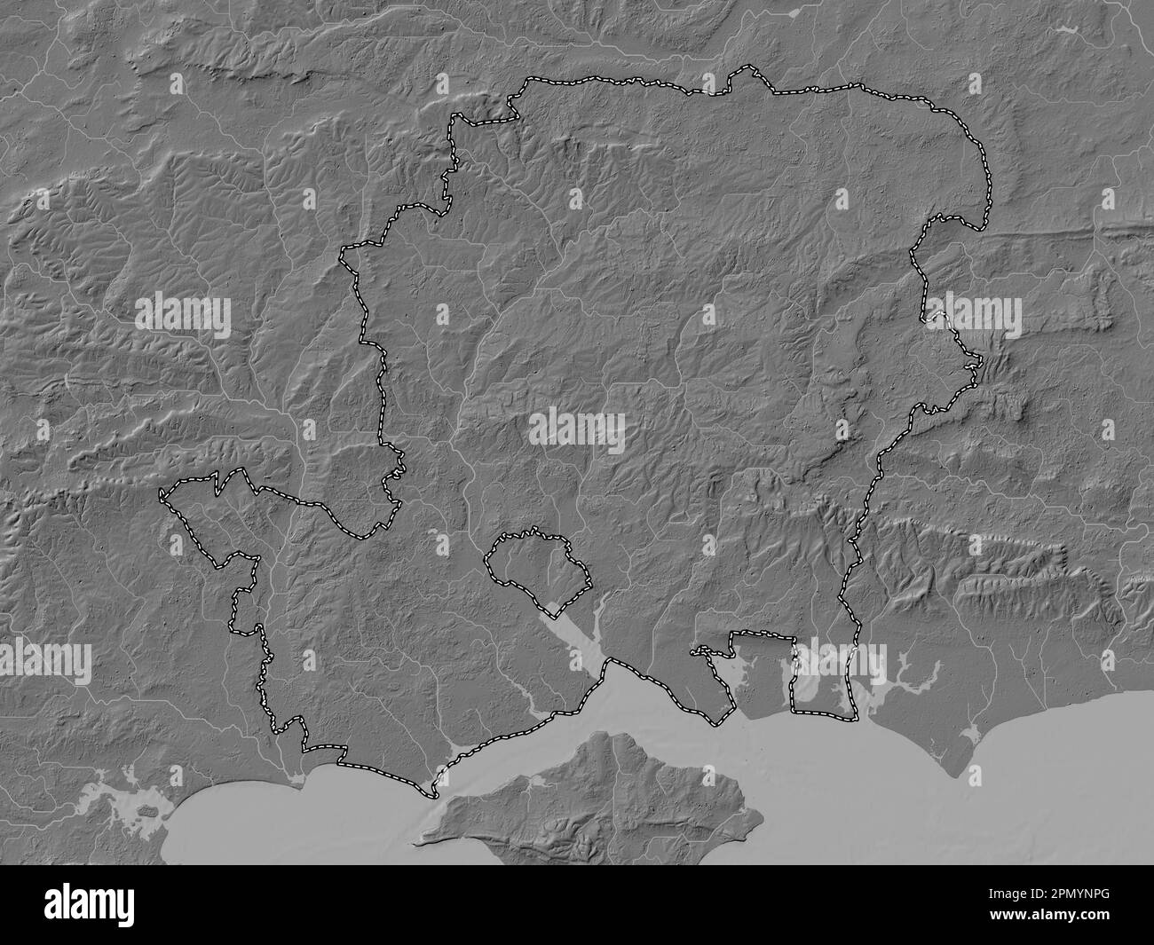 Hampshire, administrative county of England - Great Britain. Bilevel elevation map with lakes and rivers Stock Photo