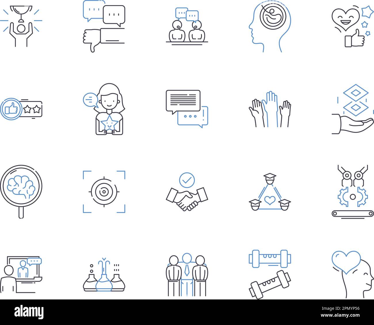 Staff studying outline icons collection. Examining, Learning, Gaining, Educating, Grasping, Delving, Investigating vector and illustration concept set Stock Vector