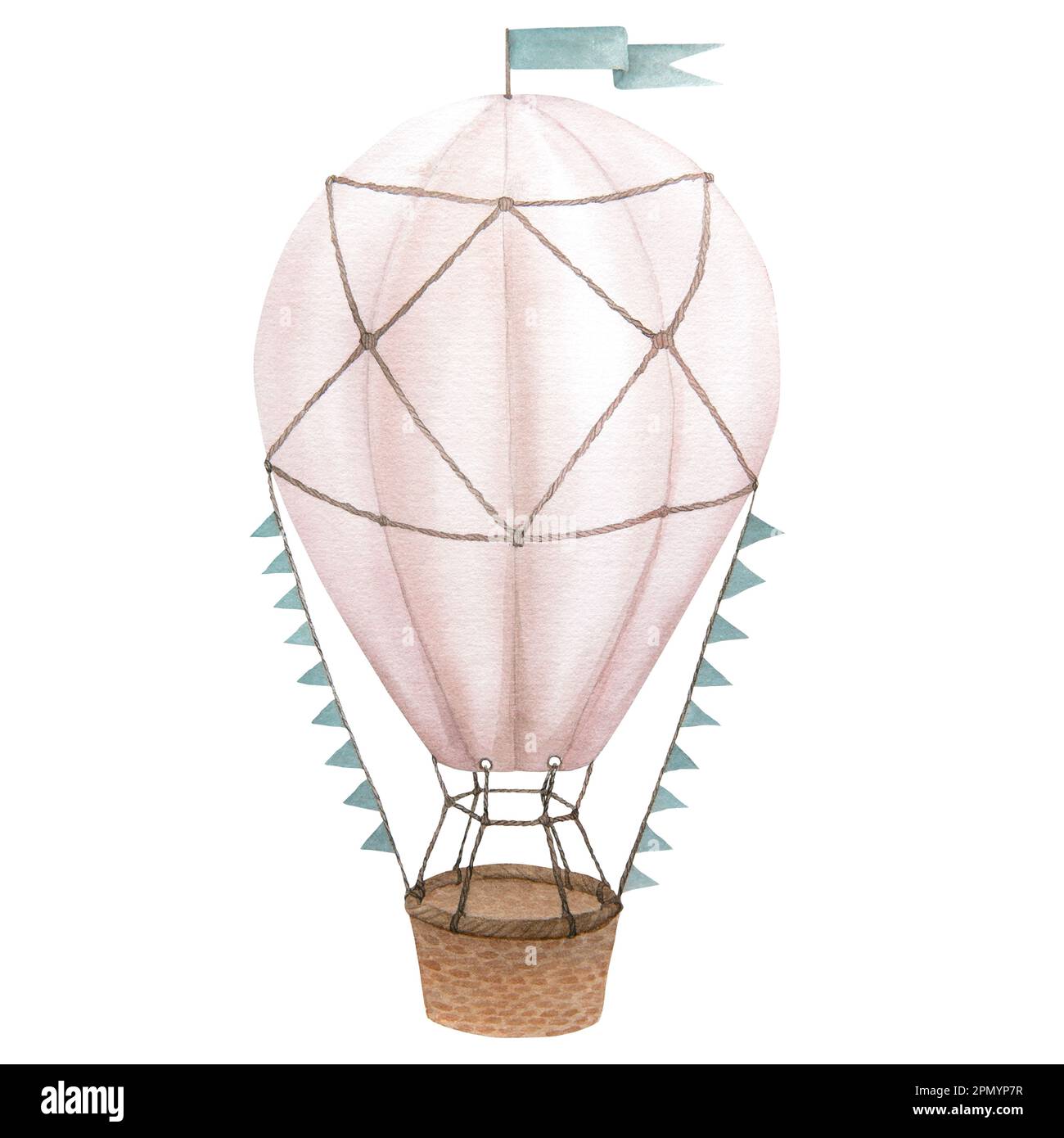 Watercolor illustration of an air balloon isolated on a white background. Vintage cartoon aerostat with flags in brown, pink and turquoise colors. Can Stock Photo