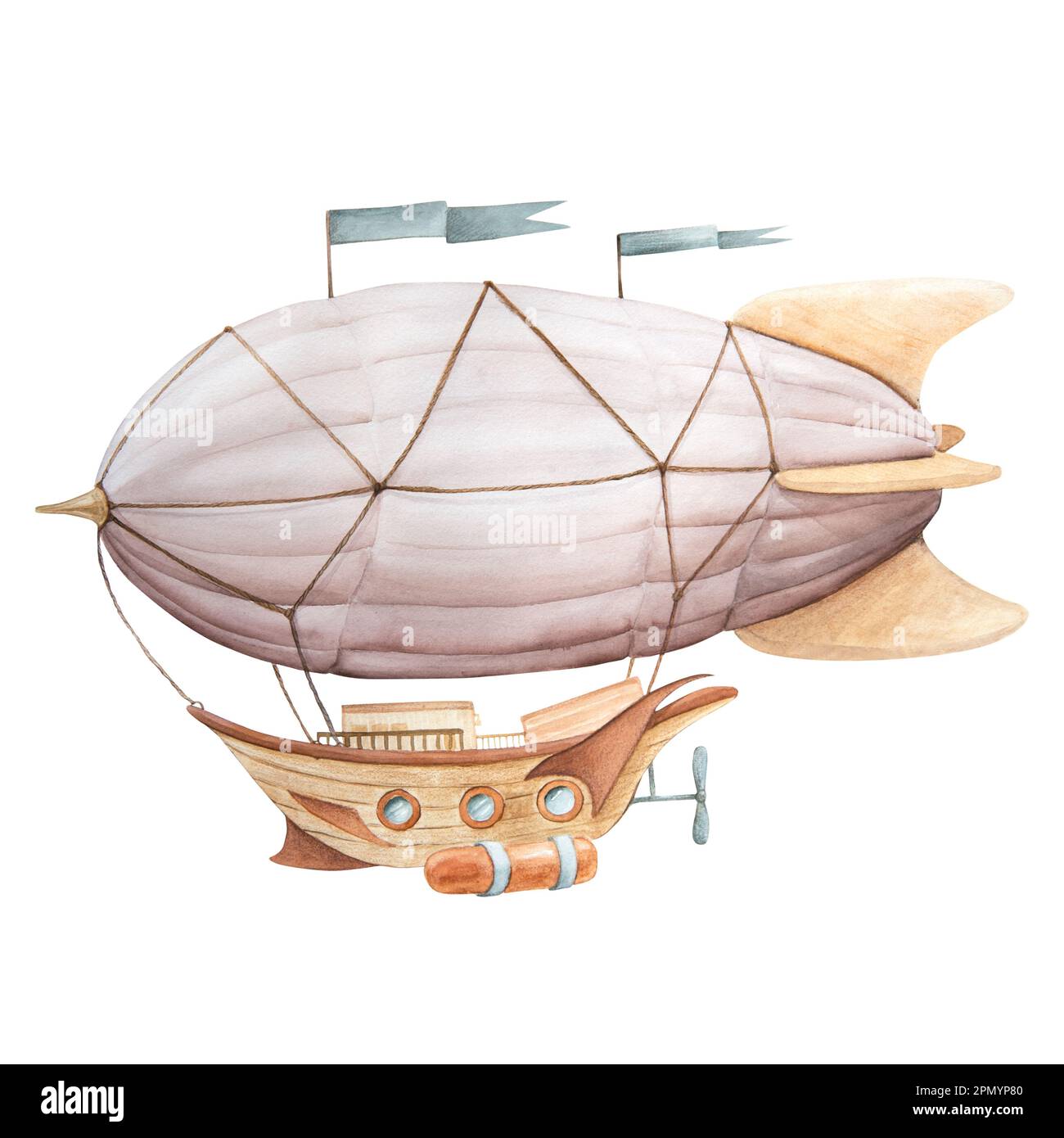 Watercolor illustration of a dirigible isolated on a white background. Vintage cartoon airship with flags in brown, pink and turquoise colors. Can be Stock Photo