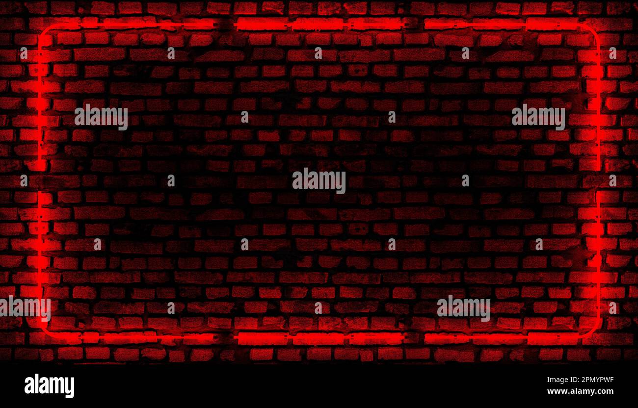 Empty brick wall background, neon light frame. 3d rendering Stock Photo