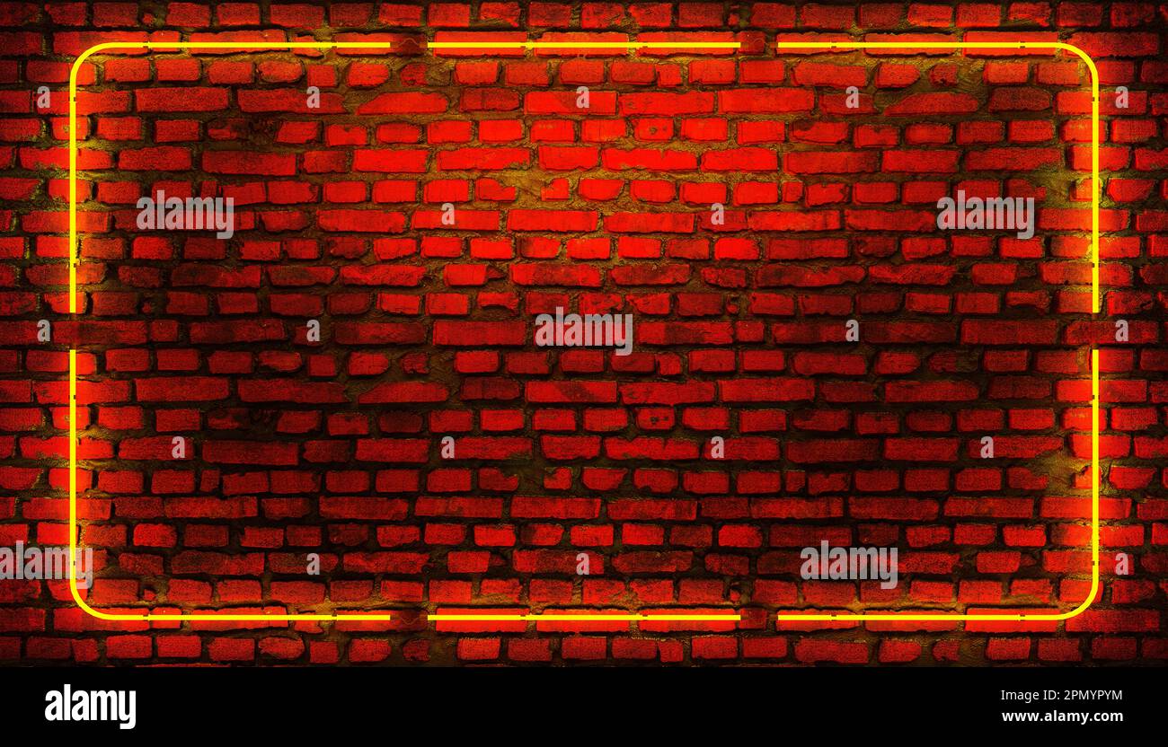 Empty brick wall background, neon light frame. 3d rendering Stock Photo