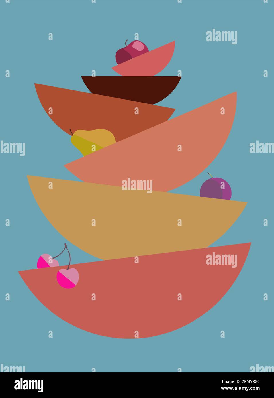 Fruit bowls with fruit are seen in this graphic design vector Stock