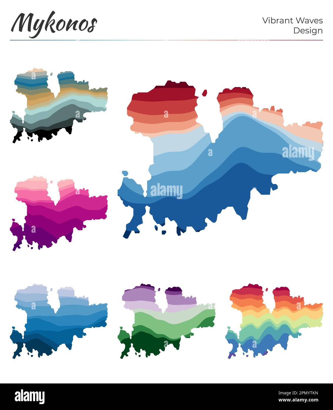 Set of vector maps of Mykonos. Vibrant waves design. Bright map of ...