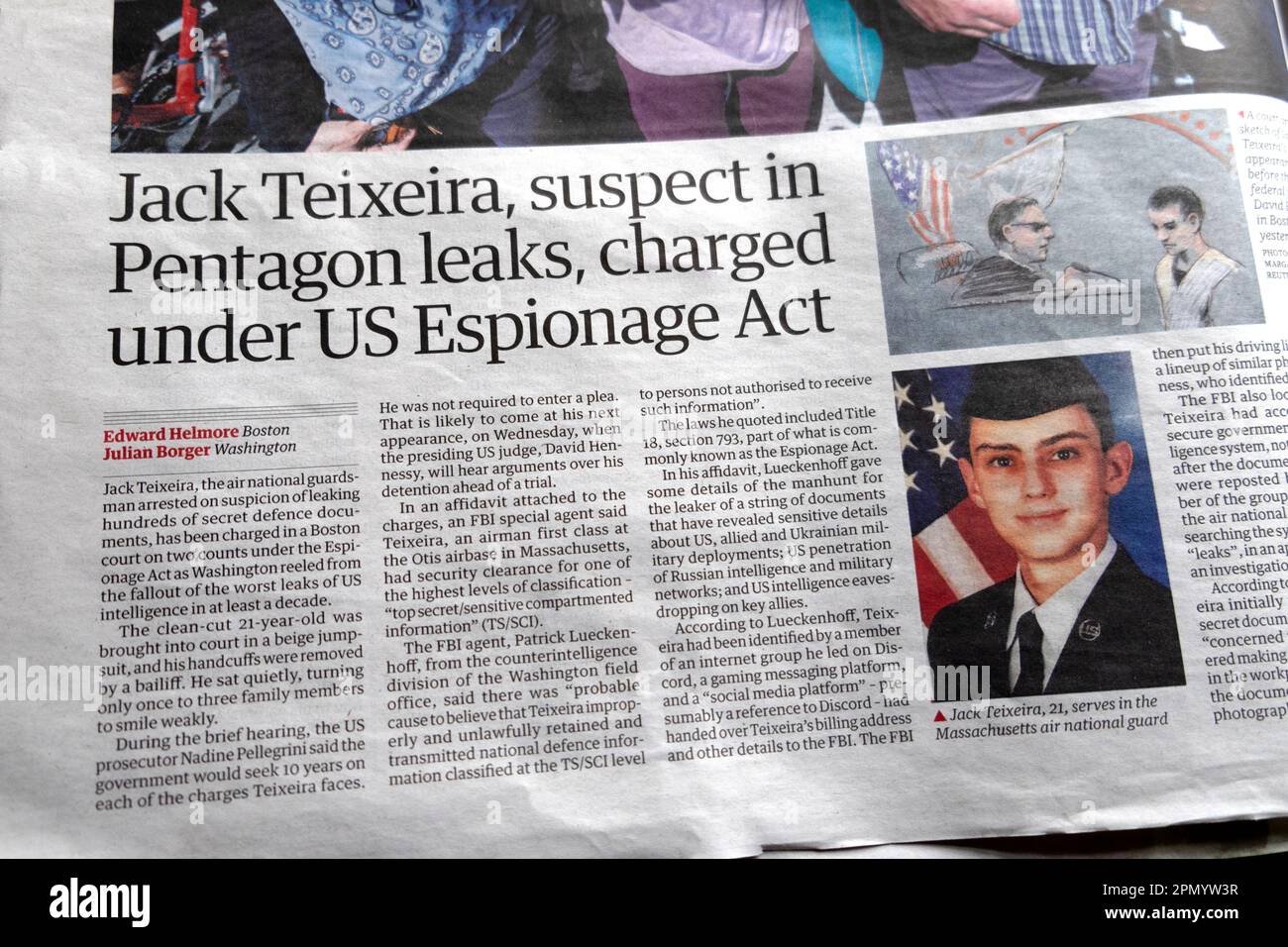 'Jack Teixeira suspect in Pentagon leaks, changed under US Espionage Act' Guardian newspaper headline US intelligence article 15 April 2023 London UK Stock Photo