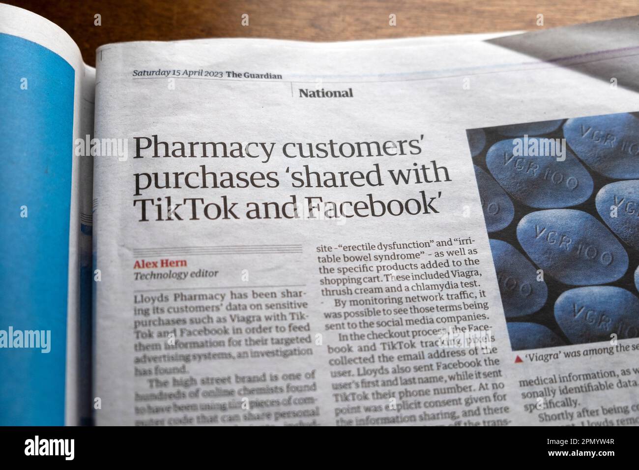 'Pharmacy customers' purchases 'shared with TikTok and Facebook' Guardian newspaper headline data sharing  article clipping 15 April 2023 London UK Stock Photo