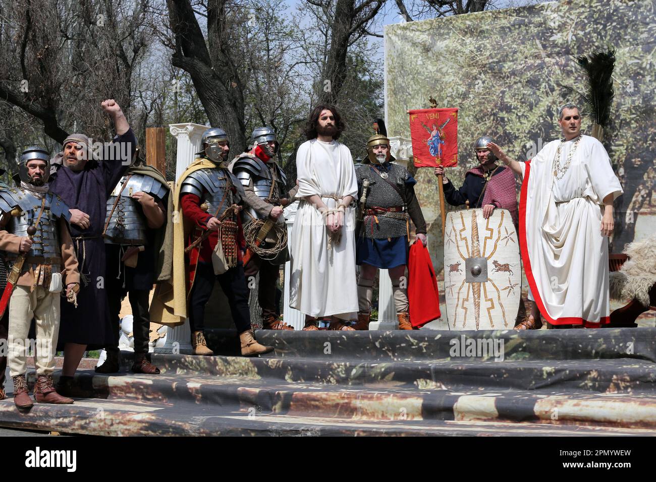 Actors depicting Roman legionnaires, Jesus Christ, Pontius Pilate, the Sanhedrin, Varava, Claudius Proculus are seen during the Easter reconstruction on Deribassovskaya street in Odessa. Due to the covid 19 epidemic and a full-scale war with the Russian Federation, Easter reconstruction in Odessa has not been carried out for the last years. In 2023, an Easter reconstruction took place on Deribasovskaya Street, showing the audience the last hours of the life of Jesus Christ. The organizer of the event was the Odessa People's Church (Evangelical Christian Church). (Photo by Viacheslav Onyshchenk Stock Photo