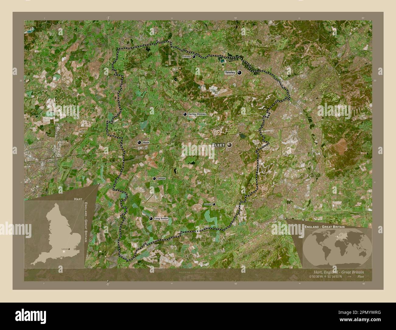 Hart, non metropolitan district of England - Great Britain. High resolution satellite map. Locations and names of major cities of the region. Corner a Stock Photo