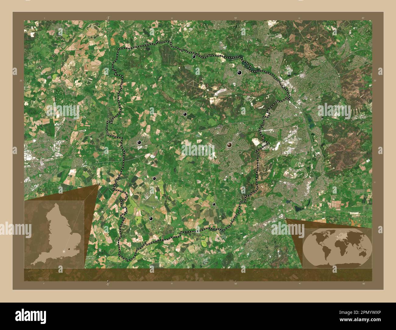 Hart, non metropolitan district of England - Great Britain. Low resolution satellite map. Locations of major cities of the region. Corner auxiliary lo Stock Photo
