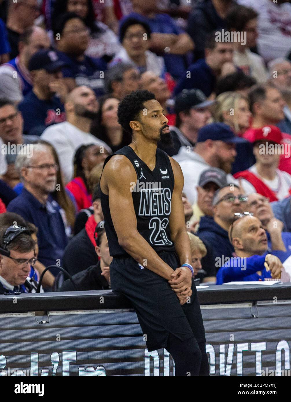 Philadelphia, USA, April 15th 2023: Spencer Dinwiddie (26 Nets) in action  during the National Basketball Association playoff game between  Philadelphia Sixers and Brooklyn Nets at Wells Fargo Center in  Philadelphia, USA (Georgia