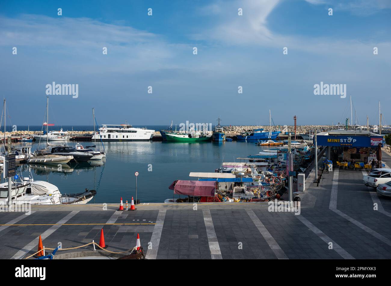 Limassol, Cyprus - March 23, 2023 - High angle view over the harbour and pedestrian boulevard Stock Photo