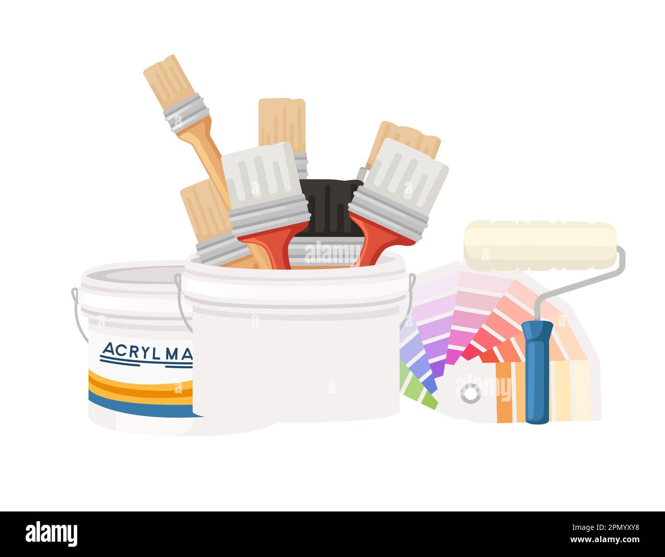 Plastic or cardboard color palette guide with brushes and paint roller