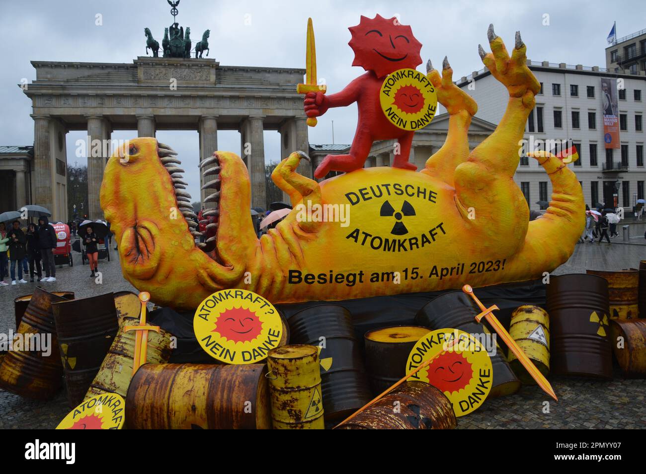 Berlin, Germany - April 15, 2023 - Germany switches off its last three remaining nuclear power plants - Anti-atomic activists celebrate at Pariser Platz in front of the Brandenburg Gate victory in a battle that has lasted 60 years. (Photo by Markku Rainer Peltonen) Stock Photo