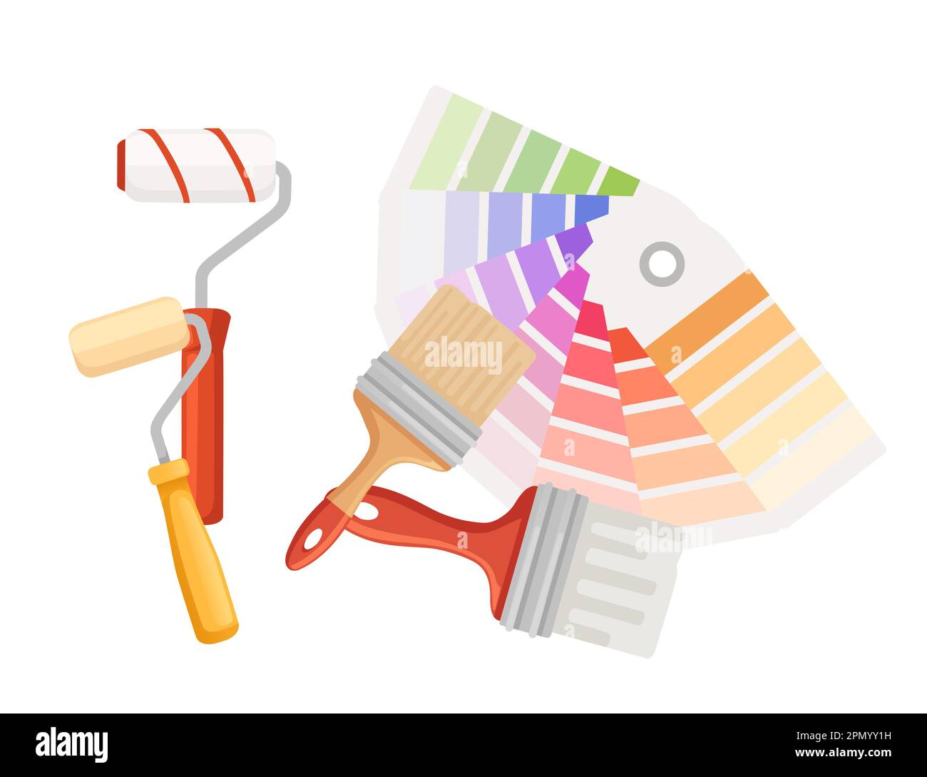 Plastic or cardboard color palette guide with brushes and paint roller