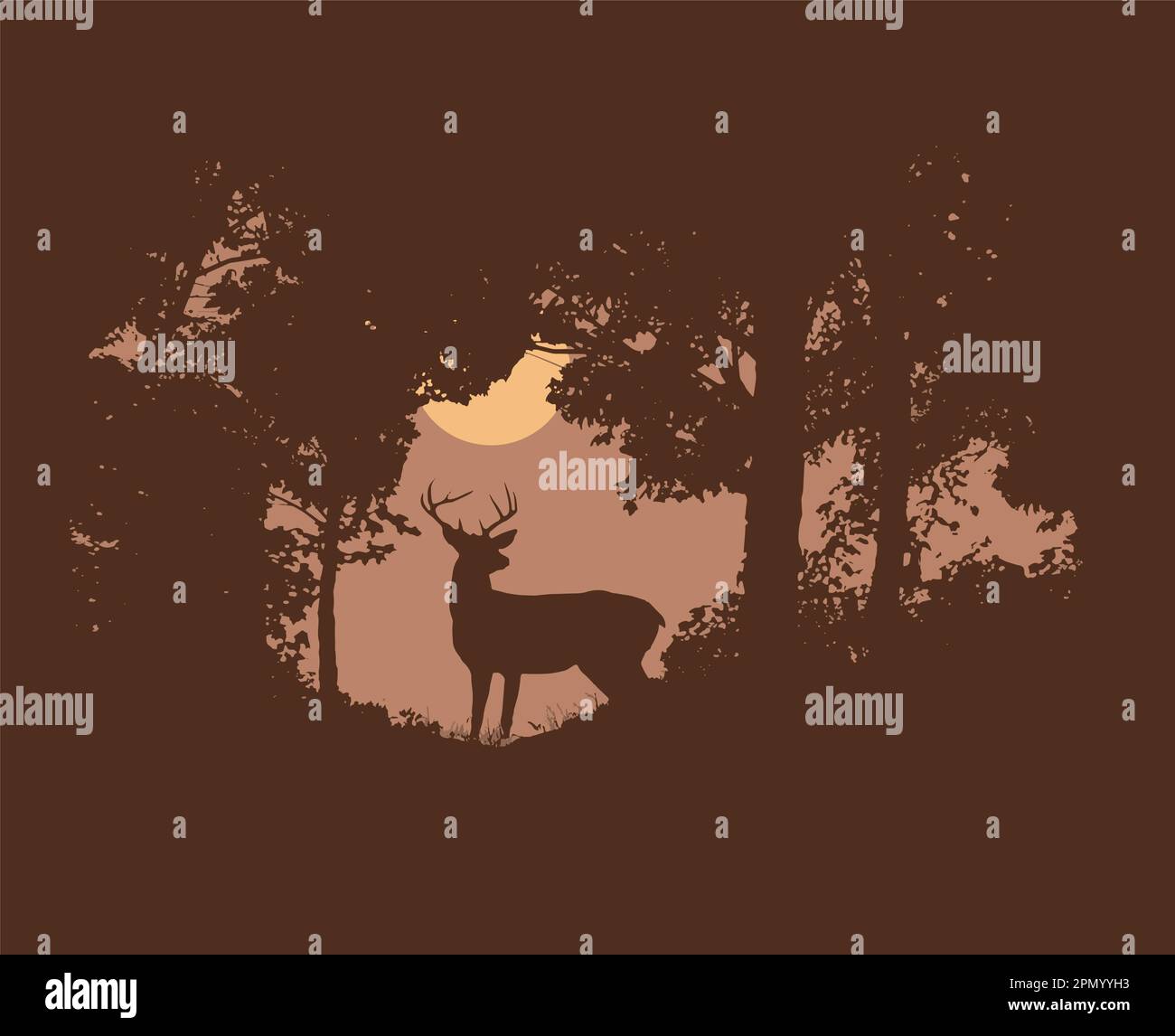 A whitetail deer is seen in an opening in the woods in this vector illustration. Stock Vector